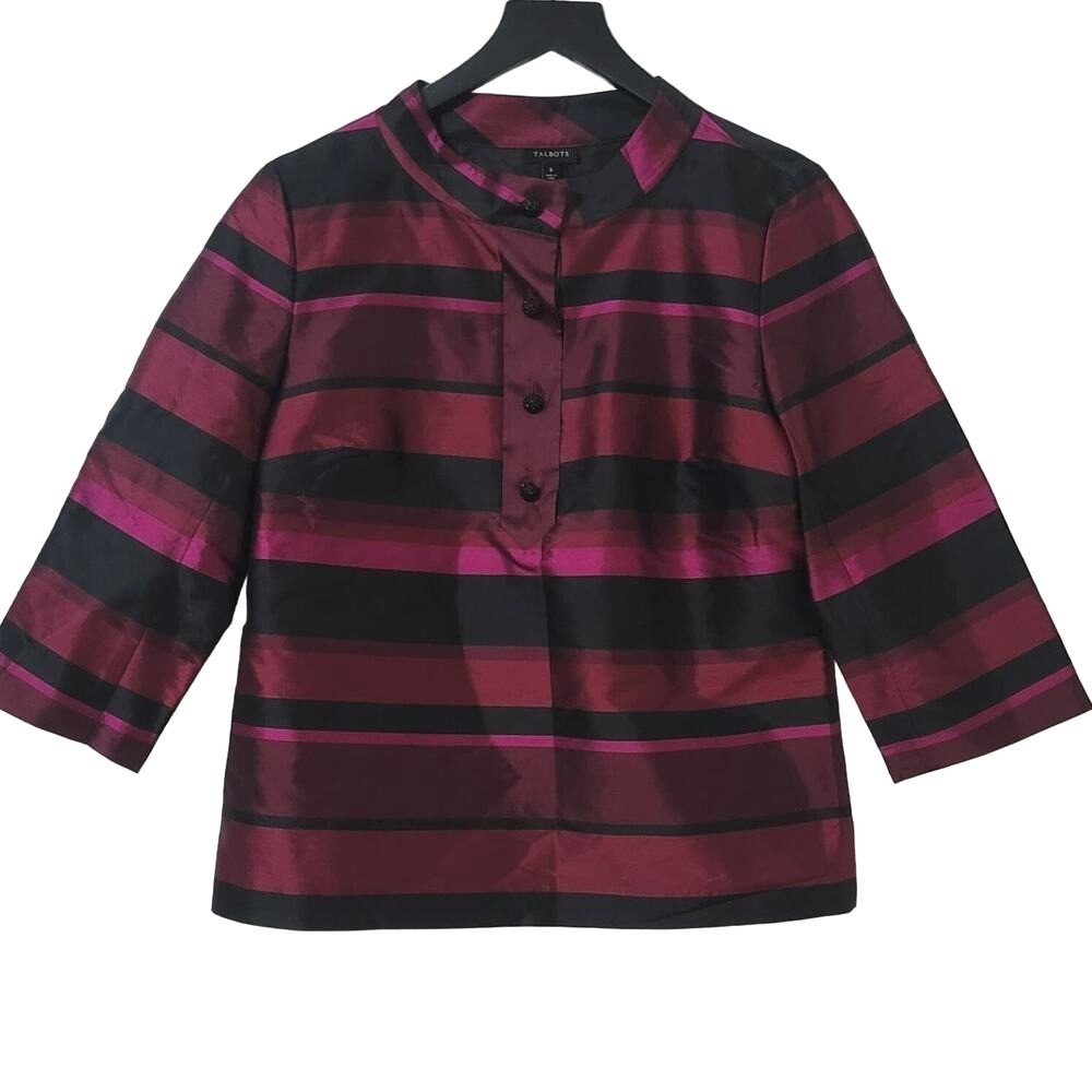 Talbots Silk Popover Top Striped 3/4 Sleeve Preppy Party Evening 8